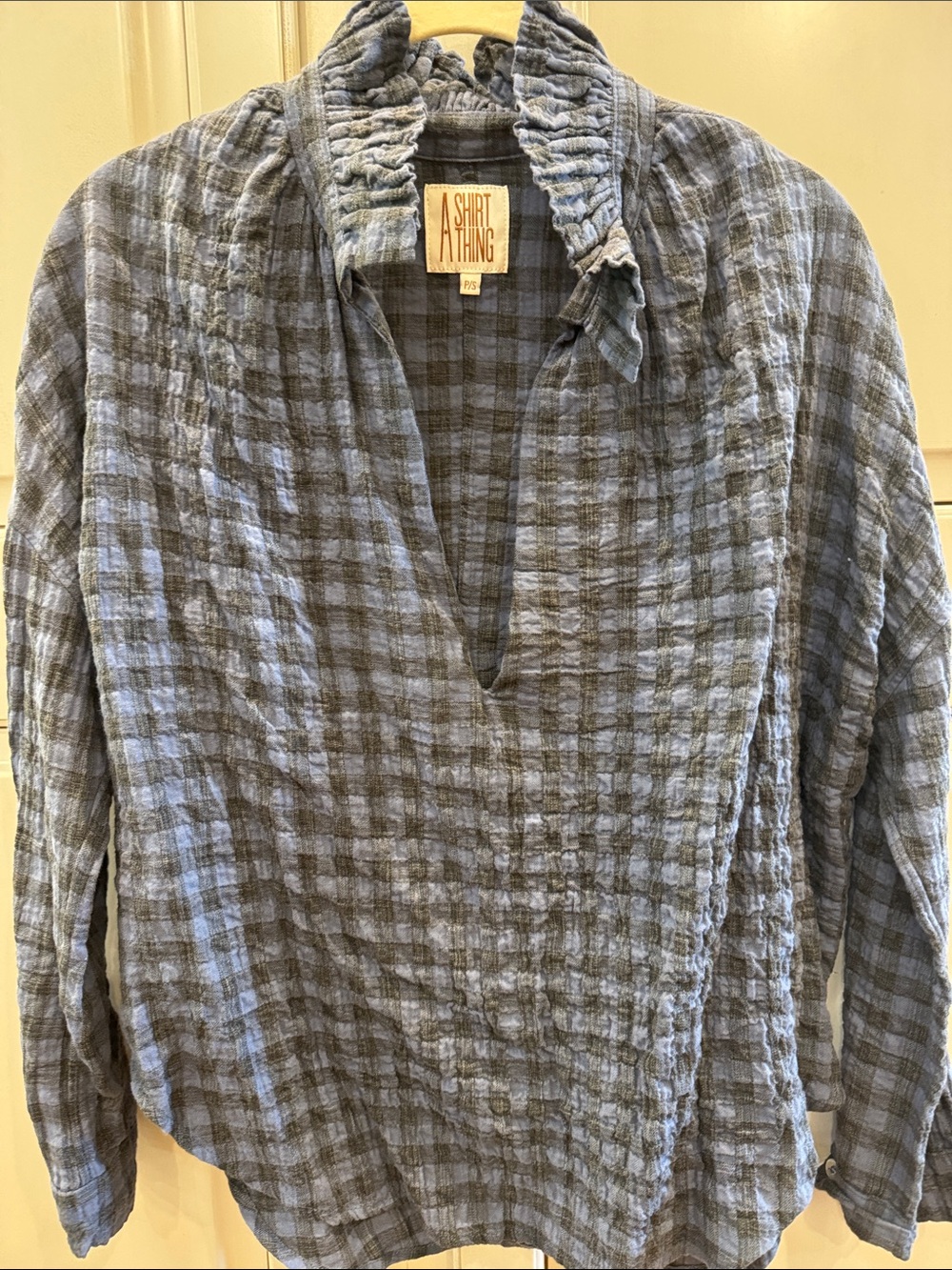 A Shirt Thing Women's Blue Plaid Ruffled Collar Blouse